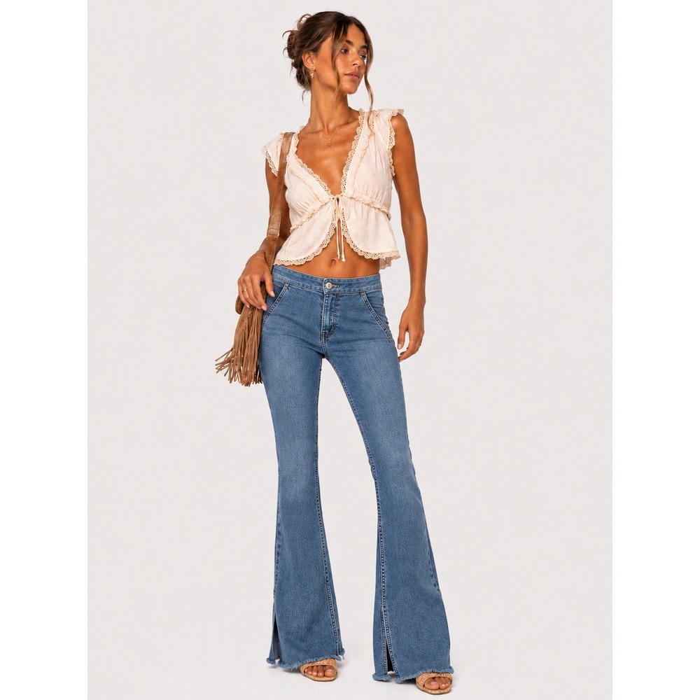We The Free People Blue Flare Jeans Denim Pants Side Slit 26